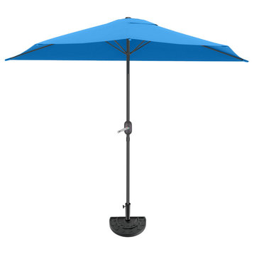 9' Half Patio Umbrella Easy Crank Balcony Shade With 20lb Weighted Base, Bright Blue
