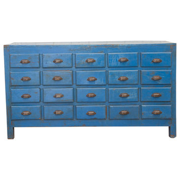 Rustic Blue Teak 20-Drawer Apothecary Dresser