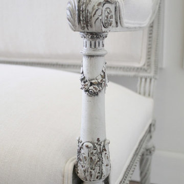 19th Century Painted Rose Carved Louis XVI Style Settee in Belgian Linen