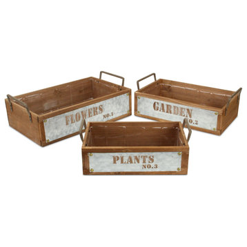 Set Of 3 Wood Storage With Galvanized Cutout Accent