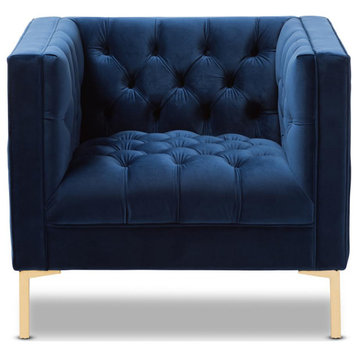 Zanetta Luxe and Glamour Navy Velvet Upholstered Gold Finished Lounge Chair