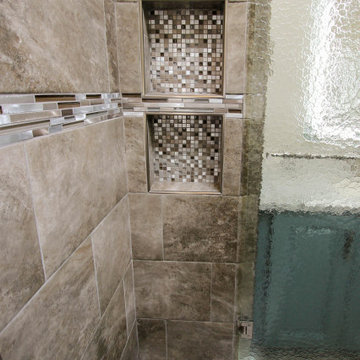 Small Masterbath with Green Cabinetry, Custom Tiled Shower and Storage