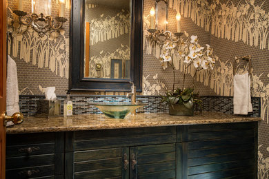 Bathroom - traditional blue tile and glass tile bathroom idea in Denver with a vessel sink, solid surface countertops and blue walls