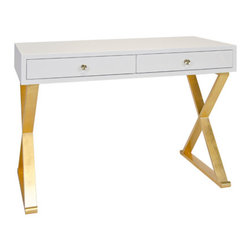 Worlds Away Jared White Lacquer Desk on Gold Leafed Base - Desks And Hutches