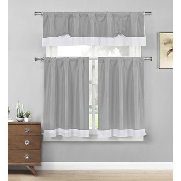 Kitchen Curtains 3-Piece Set, Tie Up Solid Textured, Gray, White
