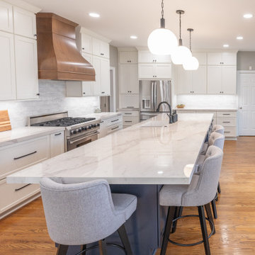 Porcelain Island Kitchen Remodel with Custom Built-Ins + Fireplace Feature