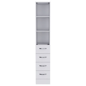 Preston Linen Cabinet with 3 Shelves, 4 Drawers, and Glass Door, White