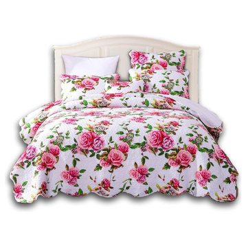 Romantic Roses Lovely Spring Pink Floral Scalloped Bedspread Set, Queen