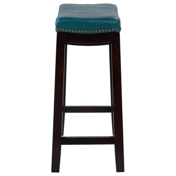 Linon Claridge Backless Counter Stool Blue Faux Leather Wood Frame in Dark Brown