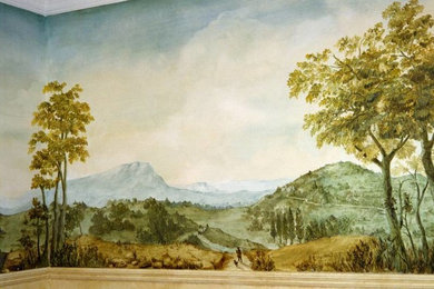Landscape mural in a dining room