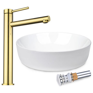 Round Bathroom Countertop Vessel Sink Faucet Set Vanity Mixer Tap w/Pop Up