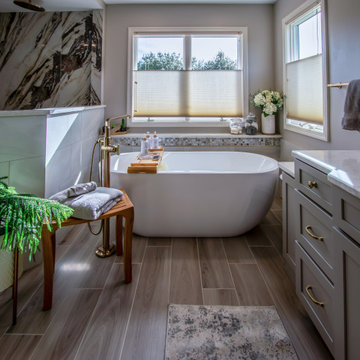Master Bath with Refaced Vanity and Full Height Porcelain Tile Shower Walls