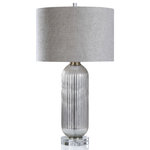 StyleCraft - Sawyer Table Lamp Mercury Finish On Glass Body With Crystal Base Hardback Shade - The Harp and Finial Sawyer Table Lamp provides an ideal blend of traditional form and modern design. Its fluted glass body features a crackled mercury finish and is topped by a hardback shade. Place this accent lamp on a living room side table or sideboard for upscale appeal.