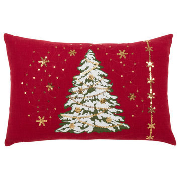 Christmas Tree Throw Pillow With LED Lights, 13"x20", Red, Down Filled