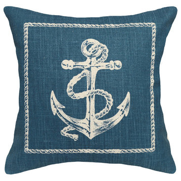 Anchor Printed Linen Pillow With Feather-Down Insert-Navy Blue