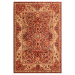 Bareens Designer Rugs - Boho Chic Ziegler Keisha Red Beige Hand-Knotted Wool Rug - 8'1'' x 9'6'' - Enhance the ambiance of your home with this magnificent Persian-influenced Turkish hand-knotted rug made by skilled artisans capable of creating the most exceptional vegetable dyes and hand-spun wool. This exquisite handmade rug is a one-of-a-kind Peshawar Kafkaz, otherwise identified as Chobi, Chobi Peshawar, Oushak, or Ziegler rug. These handmade rugs are crafted in Pakistan utilizing superior-quality wool imported from Australia, New Zealand, and Korea in two types of weaves: the Persian weave and the Mori weave. This rug is meticulously crafted by hand using the finest natural vegetable dyes extracted from local plants. The artisans use a blend of hand-spun local and fine merino wool, resulting in a rug with a compelling texture, higher lanolin content, and longer staple. The artisans occasionally incorporate natural or artificial silk into the pile to enhance specific motifs. The finished product is an awe-inspiring execution of flawless design and an understated palette that exudes elegance.