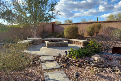 Inspiration for a mid-sized modern backyard concrete paver patio remodel in Milwaukee with a fire pit