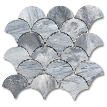 Bardiglio Gray Marble Fish Scale Fan Shell Shape Mosaic Tile Honed, 1 sheet
