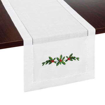 Holly Garland Embroidered Hemstitch Table Runner, White, 14 X 54 Inches