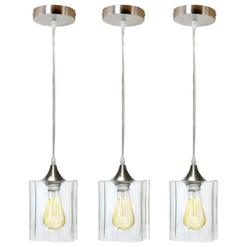 4-Cylinder Hand Blown Glass Pendant Brushed Nickel Finish, Clear, Pack of 3