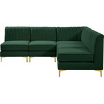 Meridian Furniture - Alina Velvet Modular L-Shaped Modular Sectional, Green, 5-Piece: 4 Armless Chair, 1 Corner Chair - Bring modern beauty to your space with the addition of this Alina Velvet Modular sectional. This beautiful sectional features deep channel tufting to ramp up its visual interest and add to its resilient demeanor. Its soft green velvet upholstery blends nicely with existing elements in your room and is sleek to the touch, making this seat a super comfortable one. Part of the modular Alina collection, this sectional has a latch that attaches it to other pieces to create your custom seating arrangement.