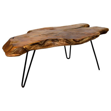 Unique Coffee Table, Metal Frame With Lacquered Carved Natural Teak Wood Top