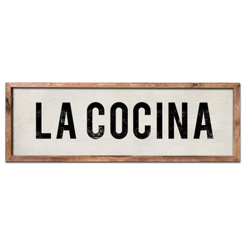 Hand Painted La Cocina Spanish Kitchen Sign, 12x36, Brown Frame