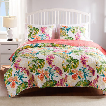 Greenland Home Fashions Tropics Quilt and Pillow Sham Set, Coral Twin