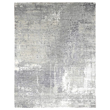 Rustic Gray Abstract Design Wool and Silk Hand Knotted Oriental Rug 8'x9'10"