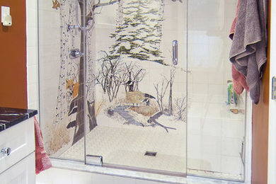 Inspiration for a mid-sized contemporary master white tile and ceramic tile ceramic tile alcove shower remodel in Raleigh with shaker cabinets, white cabinets, a two-piece toilet, red walls, an undermount sink and marble countertops