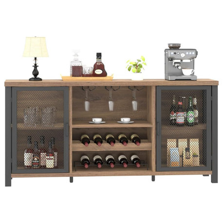 Rustic Bar Cabinet With Bottle Storage and Double Mesh Door Design, Rustic Oak