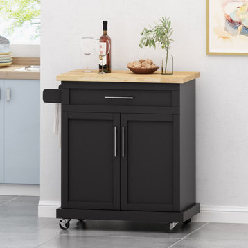 Negley Contemporary Kitchen Cart with Wheels, Black + Natural