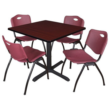 Cain 42" Square Breakroom Table, Mahogany and 4 'M' Stack Chairs, Burgundy