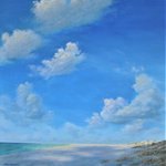 Alan Zawacki Fine Art - Large Original Beach Seascape Painting With Billowing Clouds - "Partly Cloudy Beach Day" is an original 36"x36" acrylic seascape beach painting on gallery wrap canvas. This empty beach is the perfect place to be as the clouds puff up and drift by, bringing an occasional patch of shade. This original painting is more of a cloudscape than a seascape since I wanted to focus on the big sky and billowing clouds.
