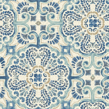 NUS2235 Florentine Tile Peel & Stick Wallpaper in Blue Taupe Off White