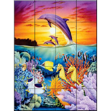 Tile Mural Bathroom Backsplash - Sea Horse Dolphins - by Robin Koni