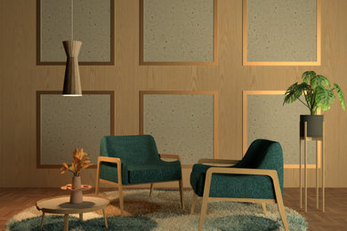 Foto de despacho nórdico pequeño sin chimenea con paredes marrones, suelo de madera clara, escritorio independiente, suelo marrón, casetón y panelado