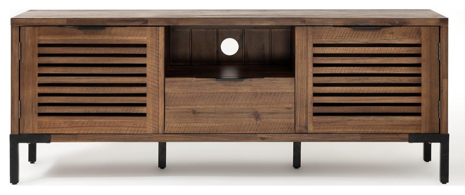 Rustic TV Stand, Louvered Cabinet Doors & Drawer With Metal Handles ...