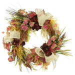 Creative Displays and Designs - 22" Wreath with Fall Colors - 22" wreath with burgundy hydrangea bunches, wheat, rust beaded berry bush, yellow harvest bush, pink and green ivy, and bow loops.
