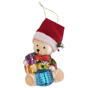 Teddy Bear Santa With Gifts Christmas Holiday Ornament Glass