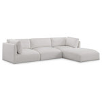 Meridian Furniture - Ease Fabric Upholstered L-Shaped Modular Sectional, Cream, 3 Piece: 2 Corner, 1 Armless, 1 Ottoman - Ease into comfort when you bring home this Ease fabric modular sofa. Designed with an uber casual vibe in mind, this plump sofa sits low to the floor, making it a simplistically perfect addition to a living room, den, game room, teen's room, or dorm room. This fun sofa is part of a modular collection, so you can add it with other items in the Ease collection for a custom arrangement.