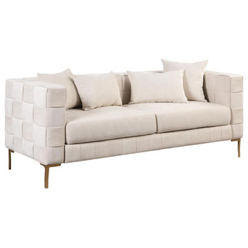 Modern Sofa, Brass Legs & Padded Seat With Geometric Patterned Exterior, Beige