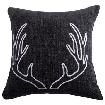 Hamilton Gray Chenille Pillow with Embroidered White Antlers, 18" x 18