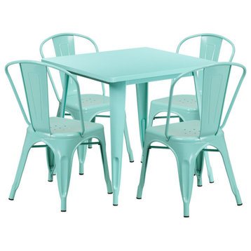 31.5'' Square Mint Green Metal Indoor-Outdoor Table Set With 4 Stack Chairs