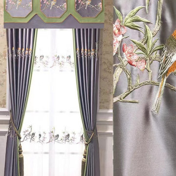 QYHL226G Silver Beach Embroidered Birds Faux Silk Custom Made Curtains For Large