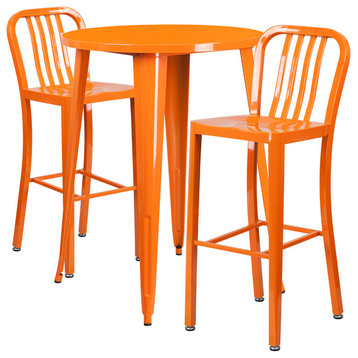 Flash Commercial 30" Round Orange Metal Bar Table Set & 2 Vertical Slat Stools