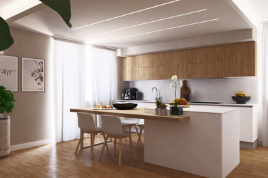 Immagine di una cucina moderna di medie dimensioni con ante a filo e ante bianche