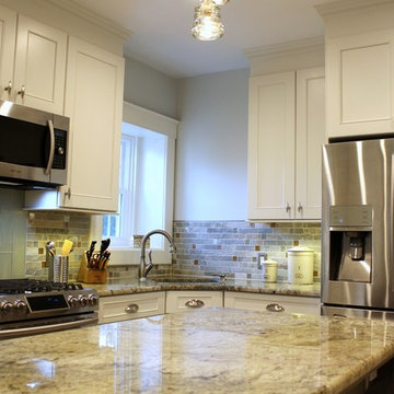 Transitional White and Gray Kitchen with Glass & Slate backsplash Tile