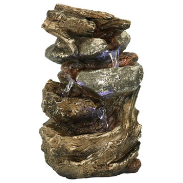Sunnydaze Tiered Rock and Log Tabletop Fountain With LED Lights, 10.5"