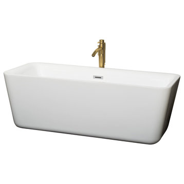 Emily 69" Freestanding White Bathtub, Polished Chrome Trim & Gold Tub Filler